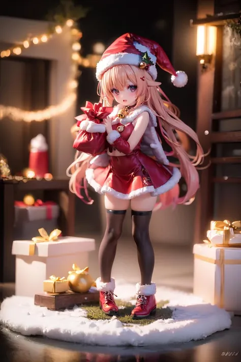 bell, christmas, sack, santa_bikini, santa_costume, santa_hat, antlers, holding_sack, merry_christmas, fur_trim, fur-trimmed_headwear, christmas_tree, reindeer_antlers, gift, reindeer_costume, santa_boots, drill_hair, 1girl, thighhighs, neck_bell, open_mouth, hat, skirt, solo, red_hair, red_skirt, santa_dress, fur-trimmed_skirt, santa_gloves, christmas_ornaments, red_capelet, red_legwear, gift_box, capelet, navel, red_headwear, fur-trimmed_capelet, holding_bag, fang, holly, looking_at_viewer, jingle_bell, long_hair, microskirt, simple_background