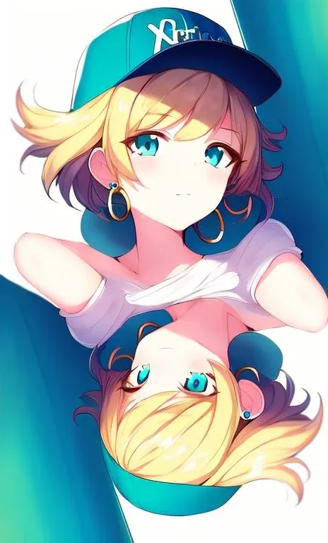masterpiece, best quality, 1girl, aqua eyes, baseball cap, blonde hair, closed mouth, earrings, white background, hat, hoop earrings, jewelry, looking at viewer, shirt, short hair, simple background, solo, upper body, yellow shirt, multiple views, upside down <lora:poker_symmetry:0.7>