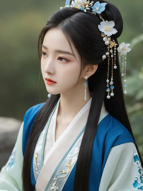 Realistic,Masterpiece,18 - year - old,Masterpiece, the best quality, perfect official art, animation style, (Masterpiece :1.3), the best quality, animation works, girls, delicate beautiful face,long eyes, delicate beautiful features, high cold, long hair, Hanfu, national wind, horn, belt, blue dress,Dragon pattern,crown, hair accessories, exquisite hair accessories, Hanfu, delicate Hanfu, piercing eyes,