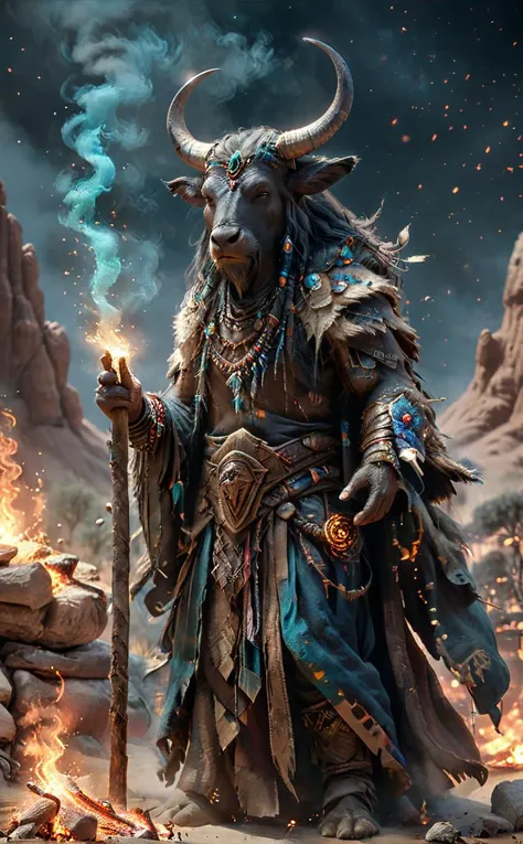 A old aged water buffalo from the western United States wearing a shaman's outfit and a hooded cloak that follows the spirits of nature, such as wind and fire, with a shaman stick and travel baggage in one hand, smoking a cigar in front of a bonfire and practicing shamanism. water buffalo hairstyle is dreads,
Break, A vast and clear night sky with various totems and bonfires in the background of a huge desert oasis shelter.
Break, full shot, cinematic lighting, dramtic Scene,High quality 3D rendering, fantasy, Pixar 3D character design style, ZBrush high-polygon modeling,
<lora:add-detail-xl:0.8>, <lora:xl_more_art-full_v1:0.5>, <lora:Fantasy_Wizard__Witches_SDXL:0.7>, hkmagic, <lora:3D:1>