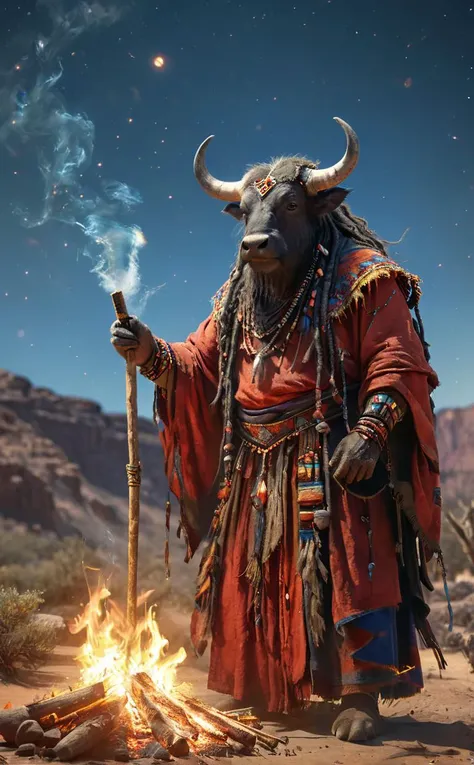 A old aged water buffalo from the western United States wearing a shaman's outfit and a hooded cloak that follows the spirits of nature, such as wind and fire, with a shaman stick and travel baggage in one hand, smoking a cigar in front of a bonfire and practicing shamanism. water buffalo hairstyle is dreads,
Break, A vast and clear night sky with various totems and bonfires in the background of a huge desert oasis shelter.
Break, full shot, cinematic lighting, dramtic Scene,High quality 3D rendering, fantasy, Pixar 3D character design style, ZBrush high-polygon modeling,
<lora:add-detail-xl:0.8>, <lora:xl_more_art-full_v1:0.5>, <lora:Fantasy_Wizard__Witches_SDXL:0.7>, hkmagic,
