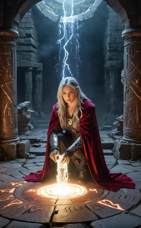 1 Sorceress, middle aged, Wearing leather boots, a light silver Mage robe, and a pale violet red velvet cloak, the Sorceress casts water magic with one hand, lightning magic with the other, and writes large, glowing ancient runes.
Break, Inside the huge outdoor ruins on a dark night, a large rune is carved into the floor in the center. A shining elemental in the form of a ring floating in the air.
Break, full shot, cinematic lighting, dramtic Scene, fantasy
<lora:add-detail-xl:0.6>, <lora:xl_more_art-full_v1:0.5>,