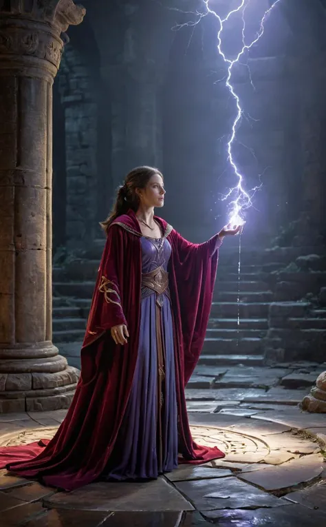 1 Sorceress, Wearing a light silver Mage robe, and a pale violet red velvet cloak, the Sorceress casts water magic with one hand, lightning magic with the other, with flying in the sky.
Break, Inside the huge outdoor ruins on a dark night, a large rune is carved into the floor in the center.
Break, full shot, cinematic lighting, dramtic Scene, fantasy, pixar 3D model style,
<lora:add-detail-xl:0.6>, <lora:xl_more_art-full_v1:0.5>, <lora:CinEro-Anatomy-LoRa-XL_v1.1:0.7> <lora:HandFineTuning_XL:1>