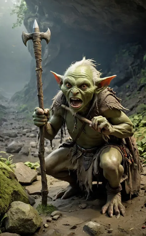 1 Goblin, A goblin raider wearing an old, worn-out cloth cloak and naked primitive tribal clothing, holding a wooden spear with a small rough stone point made from broken old primitive stones, and carrying luggage packed in sacks of cloth, is kneeling on one knee, opening his mouth and shouting loudly. Dungeons & Dragons' Goblin Race,
Break, The background is in front of a cave with a swamp filled with sticky dirty mud and liquid, with fog rising and bones of various animals scattered everywhere.
Break, Sticky blood and animal bones are scattered around.
Break, full shot, cinematic lighting, dramtic Scene,High quality 3D rendering, fantasy, Pixar 3D character design style, ZBrush high-polygon modeling,
<lora:add-detail-xl:0.8>, <lora:xl_more_art-full_v1:0.5>, <lora:CinEro-Anatomy-LoRa-XL_v1.1:0.7>, <lora:JuggerCineXL2:0.6>, Film Still, Cinematic Shot,