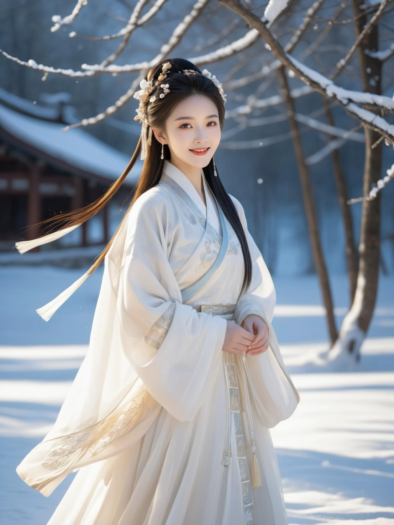 Realistic,Masterpiece,18 - year - old ,in (pure white:1.5) dress, winter,Snow, I saw a girl (stand:1.5) at the back of the traditional Chinese boat, with her long hair cascading over her shoulders, dressed in a (white:1.5) dress and adorned with a golden headband on her hair, which shone even more brilliantly in the snow. Her attire was like that of a fairy woman. she was only around 15 or 16 years old, with skin as white as snow, delicate and beautiful beyond words. (photo realistic: 1.3) , Edge lighting, (high-detail skin: 1.2) , 8K ultra-hd, DSLR, high quality, high resolution, 8K,winter hanfu, fur collar,(looking_at_viewer),smile, light master,32k UHD,chinese girls,full_body,dynamic angle,