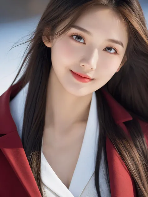 Realistic,Masterpiece,18 - year - old , Super High Resolution, (reality: 1.4) , original photo, long hair, facial highlights, pure beauty, teenage girl, Blush, 18,18 smiling female classmate, pure beauty, innocent, oval face, large eyes, long eyelashes, delicate (realistic style) , star-like eyes, extreme face, photo-level lighting, sharp features, creamy skin, fair skin, high-detail skin, real skin detail, visible pores, (ultra-detail) , (perfect body: 1.1) , long hair, (dynamic pose) , (dynamic background (volume light: 1.3) , (volume light: 1.3) , large breasts, deep V, red Coat, black boots, Alps, Snow Mountain, free, smart, long legs, smooth,32k UHD,chinese girls,dynamic angle,