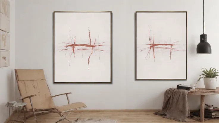 framed abstract painting with whip marks, hanging on a white wall, <lora:l_pun_simtubus32_16_768:1>
