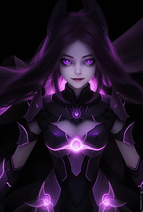 particle style,An extraordinary female character. Her eyes were firm and mysterious, revealing great power and authority.
Purple ethereal lights, evil smile, death rendering background picture