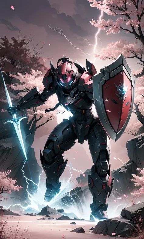 TR mecha style,Cherry-Blossom Warrior,Dainty Defender,Enchanted Blade,Futuristic Finesse,Glowing Halo,Lightning-Fast Moves,Mechanical Petals,Pink Shield,Rose-Tinted Valor,Sparkling Strategy.,<lora:好åç±³-SD.5-mecha:0.3>,