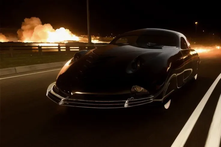 analog gloomy photo of a black Phantom Corsair car, <lora:ph4nt0mc0rs41r:1>, side view, speeding down a neon city avenue at night, buildings on fire, outrun, explosions in the background, High Detail, Sharp focus, ((photorealism)), realistic, best quality, 8k, award winning, dramatic lighting, epic, cinematic, masterpiece, dutch angle, ambient fog:1.4, volumetric lights,