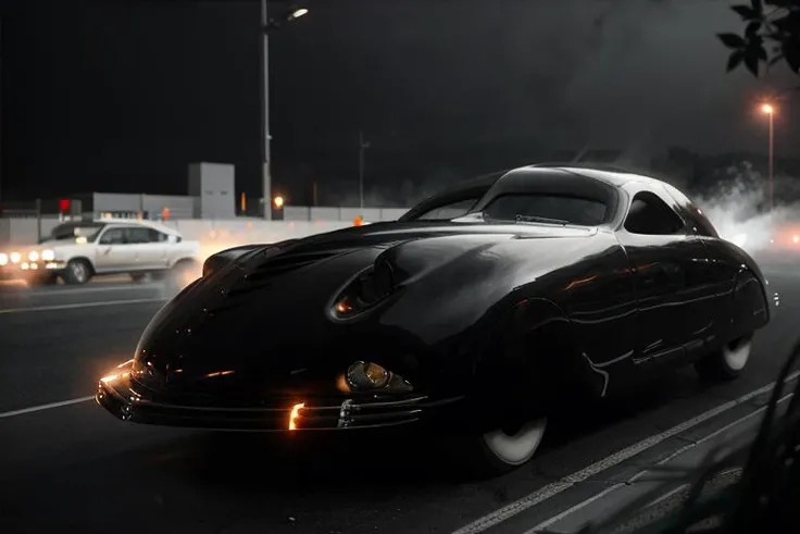 analog gloomy photo of a black Phantom Corsair car, <lora:ph4nt0mc0rs41r:1>, side view, speeding down a neon city avenue at night, buildings on fire, outrun, explosions in the background, High Detail, Sharp focus, ((photorealism)), realistic, best quality, 8k, award winning, dramatic lighting, epic, cinematic, masterpiece, dutch angle, ambient fog:1.4, volumetric lights,