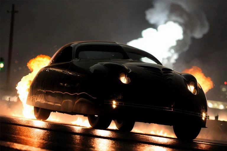 analog gloomy photo of a black Phantom Corsair car, <lora:ph4nt0mc0rs41r:1>, racing down a New York City avenue at night, buildings on fire, outrun, (explosions in the background), High Detail, Sharp focus, ((photorealism)), realistic, best quality, 8k, award winning, dramatic lighting, epic, cinematic, masterpiece, dutch angle, ambient fog:1.4, volumetric lights,