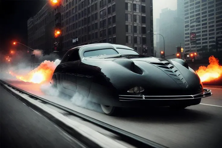 analog gloomy photo of a black Phantom Corsair car, <lora:ph4nt0mc0rs41r:1>, racing down a New York City avenue at night, buildings on fire, outrun, (explosions in the background), High Detail, Sharp focus, ((photorealism)), realistic, best quality, 8k, award winning, dramatic lighting, epic, cinematic, masterpiece, dutch angle, ambient fog:1.4, volumetric lights,