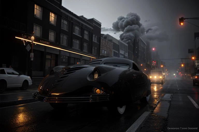 analog gloomy photo of a black Phantom Corsair car, <lora:ph4nt0mc0rs41r:1>, side view, speeding down a neon city avenue at night,  buildings on fire, outrun, explosions in the background, High Detail, Sharp focus, ((photorealism)), realistic, best quality, 8k, award winning, dramatic lighting, epic, cinematic, masterpiece, dutch angle, ambient fog:1.4, volumetric lights,