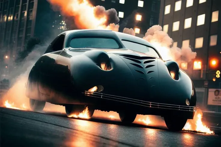 analog gloomy photo of a black Phantom Corsair car, <lora:ph4nt0mc0rs41r:1>, racing down a New York City avenue at night, buildings on fire, outrun, (explosions in the background), tracer gunfire, High Detail, Sharp focus, ((photorealism)), realistic, best quality, 8k, award winning, dramatic lighting, epic, cinematic, masterpiece, dutch angle, ambient fog:1.3, volumetric lights,