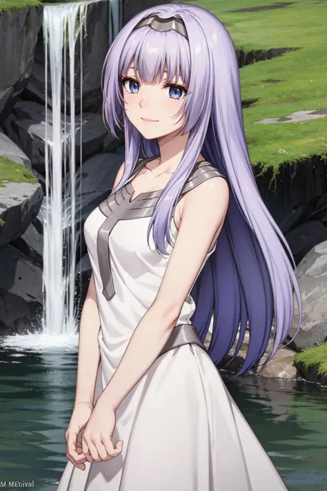 masterpiece, best quality, light smile, cowboy shot BREAK mel, light purple hair, blue eyes, long hair, medium breasts BREAK grey hairband, white dress, sleeveless dress BREAK waterfall background <lora:melfina-test8-000007:0.8>