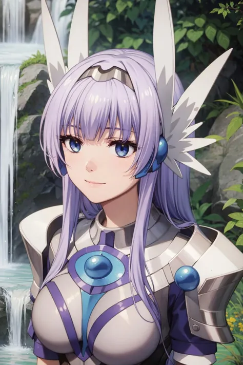 masterpiece, best quality, light smile, upper body BREAK mel, light purple hair, blue eyes, long hair, medium breasts BREAK head wings, purple hairband, armor, breastplate, pauldrons BREAK waterfall background <lora:melfina-test5-000007:1>