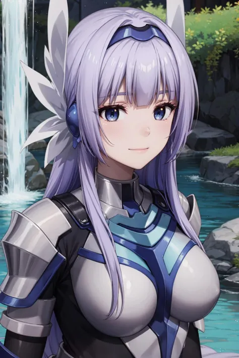 masterpiece, best quality, light smile, upper body BREAK mel, light purple hair, blue eyes, long hair, medium breasts BREAK head wings, (purple hairband:1.2), armor, breastplate, pauldrons BREAK waterfall background <lora:melfina-test8-000007:0.8>