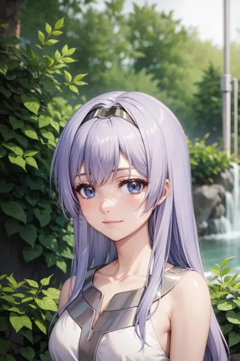 masterpiece, best quality, light smile, upper body BREAK mel, light purple hair, blue eyes, long hair, medium breasts BREAK grey hairband, white dress, sleeveless dress BREAK waterfall background <lora:melfina-test5-000007:0.8>