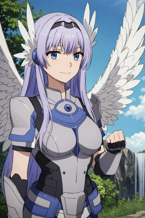 masterpiece, best quality, light smile, upper body BREAK mel, light purple hair, blue eyes, long hair, medium breasts BREAK head wings, purple hairband, armor, breastplate, pauldrons, fingerless gloves, angel wings BREAK waterfall background <lora:melfina-test5-000007:0.8>
