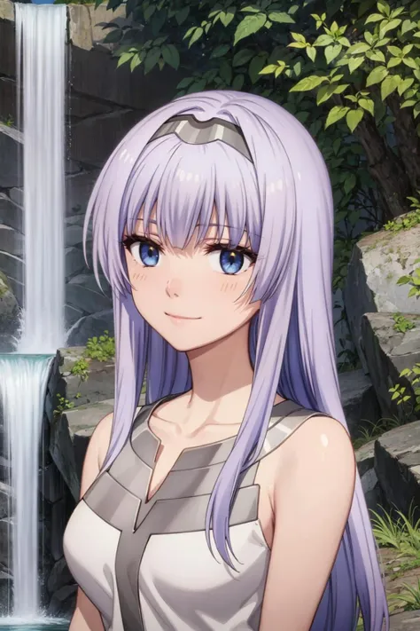 masterpiece, best quality, light smile, upper body BREAK mel, light purple hair, blue eyes, long hair, medium breasts BREAK grey hairband, white dress, sleeveless dress BREAK waterfall background <lora:melfina-test5-000007:1>