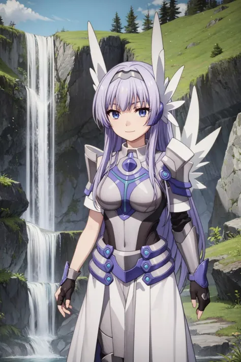 masterpiece, best quality, light smile, cowboy shot BREAK mel, light purple hair, blue eyes, long hair, medium breasts BREAK head wings, (purple hairband:1.2), armor, breastplate, pauldrons, fingerless gloves, armored boots BREAK waterfall background <lora:melfina-test5-000007:1>