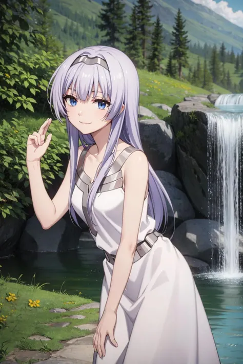 masterpiece, best quality, light smile, cowboy shot BREAK mel, light purple hair, blue eyes, long hair, medium breasts BREAK grey hairband, white dress, sleeveless dress BREAK waterfall background <lora:melfina-test5-000007:0.8>