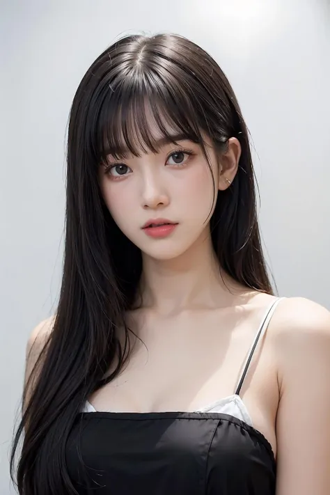 1girl,hair with bangs,black long dress,white background, <lora:MuaySukanyaKoein-04:1>