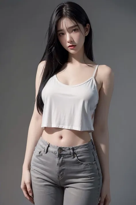 1girl, black hair, white camisole, jeans, (isolated on dark-grey background:1.2), dynamic pose, (low key lighting:1.2), shot on Canon EOS 5D, , best quality, ultra high res, (photorealistic:1.4), masterpiece, real life skin, hyper real, Depth of field, perspective, detailed beautiful eyes and detailed face, <lora:MuaySukanyaKoein-04:1>