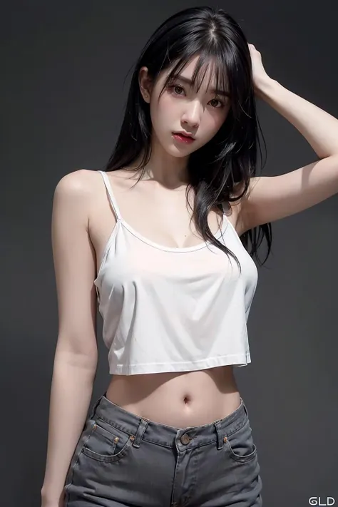 1girl, black hair, white camisole, jeans, (isolated on dark-grey background:1.2), dynamic pose, (low key lighting:1.2), shot on Canon EOS 5D, , best quality, ultra high res, (photorealistic:1.4), masterpiece, real life skin, hyper real, Depth of field, perspective, detailed beautiful eyes and detailed face,  <lora:MuaySukanyaKoein-04:1>