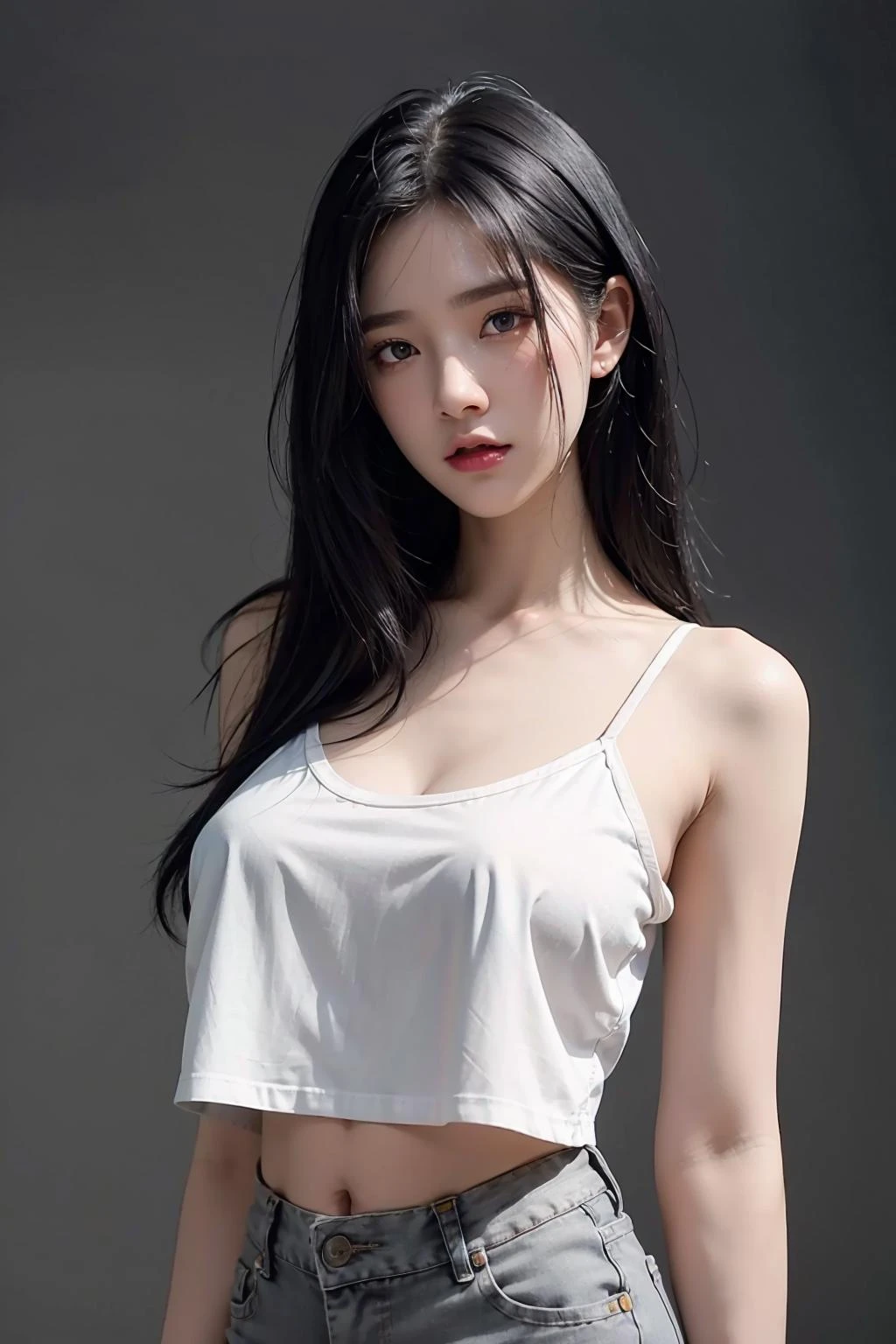 1girl, black hair, white camisole, jeans, (isolated on dark-grey background:1.2), dynamic pose, (low key lighting:1.2), shot on Canon EOS 5D, , best quality, ultra high res, (photorealistic:1.4), masterpiece, real life skin, hyper real, Depth of field, perspective, detailed beautiful eyes and detailed face, <lora:MuaySukanyaKoein-04:1>