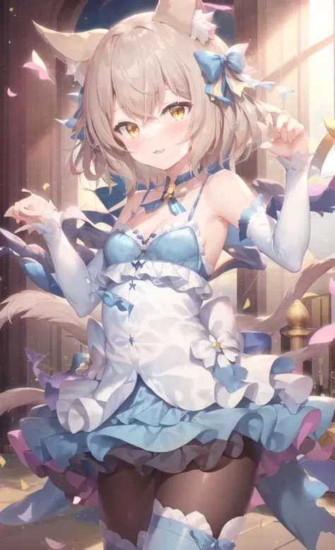 masterpiece, 1boy, <lora:Felix:1>, felix_argyle, otoko no ko, \:3, standing, hands_on_hips, pantyhose, frilled dress, layered dress,(((blue)) thighhighs), inside of a castle in the background,