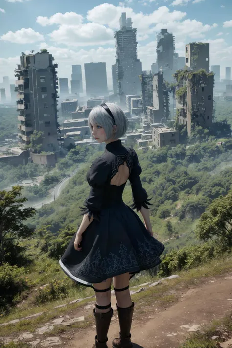 1girl, 2b_nierautomata, black hairband, mole under mouth, blue eyes, clothing cutout, juliet sleeves, leotard, silver hair,
(absurdres, masterpiece, unrealistic, best quality, high quality), city ruin, ttruins,
<lora:2b_nierautomata:0.95> <lora:test:0.5> <lora:zoom_slider_v1:-6> <lora:ena_girl:0.3>