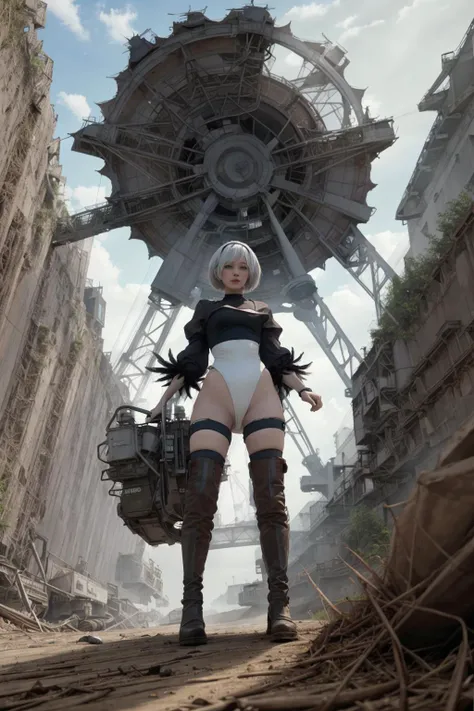 1girl,masterpiece, best quality, highres,1girl, hm2b, mole under mouth, clothing cutout, black long sleeves, black puffy sleeves, juliet sleeves, feather trim,( black high thigh boots:1.2), black gloves, covered navel, (white leotard:1.2),looking at viewer, (white hair:1.4),bangs,
<lora:y2b_v2-1:1>,From below,
masterpiece,best quality,(no humans,wide shot:1.4),Bagger293, bucket-wheel excavator, heavy equipment,wasteland,
<lora:Bagger293_v10:0.9> <lora:zoom_slider_v1:-1>
