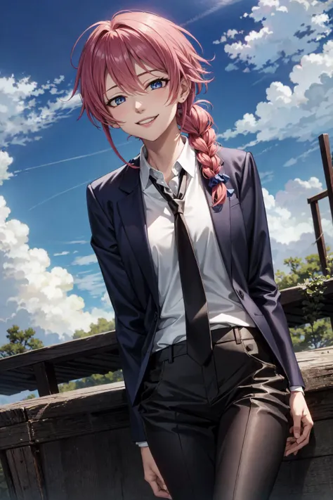 kadomori tsubaki\(mononogatari\), 1girl, solo, black necktie, formal, (half-closed eyes:0.7), blue eyes, cloud, collared_shirt, black pants, day, formal, jacket, looking at viewer, necktie, bangs, pink hair, shirt, braid, braided ponytail, hair over shoulder, red hair, sky, smile, suit, white shirt, blue sky,