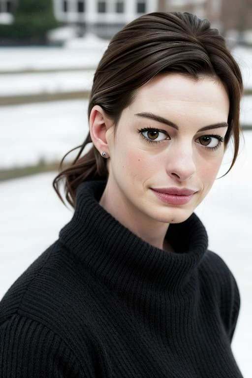 a high quality, (full body, wide angle), professional photo of (Anne Hathaway), perfect face, outside, cold day, snow, sweater , masterpiece, ultra realistic, extreme photo realism, rich colors, deep colors, dark blacks, bright whites, sharp focus, image_sharpener, studio lighting