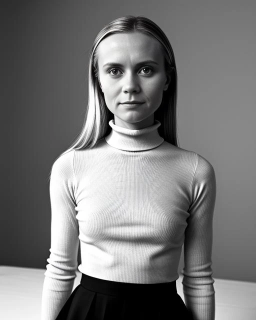 1960s \(style\) photo of fit, thin 21 year old jp-SvetaF-v2 ,Bouffant hair, winged eyeliner, Turtleneck, pencil skirt, patent loafers, Black and white TV show set, Minolta Hi-Matic, 45mm f/2.8, 1/250s, ISO 100