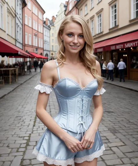 RAW, 50mm f1.3 Photograph of a beautiful, petite, fit 21 year old Polish woman with Sandy Blonde hair and bright glossy Blue eyes, High cheekbones and a warm, inviting smile wearing A white satin corset with red accents inspired by the Polish flag posing infront of Old Town Market Place in Warsaw Colorful buildings, cobblestone square, central statue in the background