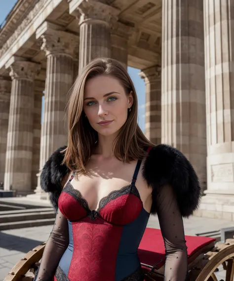 RAW, 50mm f1.3 Photograph of a beautiful, petite, fit 21 year old German woman with Light Brown hair and bright glossy Blue eyes, Strong, defined features with an air of robust elegance wearing Black and red lingerie ensemble with patterns reminiscent of traditional Bavarian dresses posing infront of Brandenburg Gate in Berlin Neoclassical monument, four-horse chariot, grand columns in the background