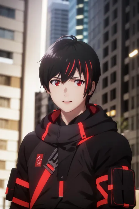 <lora:Yuito_Sumeragi_No_commercial_use_is_allowed_LoRA:0.8> yuito sumeragi\(scarlet nexus\), 1boy, short hair, black hair, red eyes, red hair, multicolored hair, earclip, streaked hair, black jacket, hood down, single glove
masterpiece, best quality, absurdres, upper body, male focus, cyberpunk, city, night, dark, looking at viewer, smile