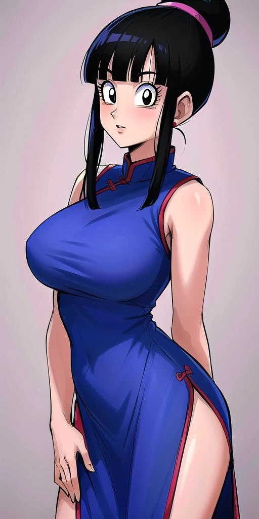<lora:chichi_dbzV2:0.7> chichi_dbz, standing, solo, large_breasts, Chichi_Blue_China_Dress, masterpiece, best quality, detailed face, detailed eyes, highres,