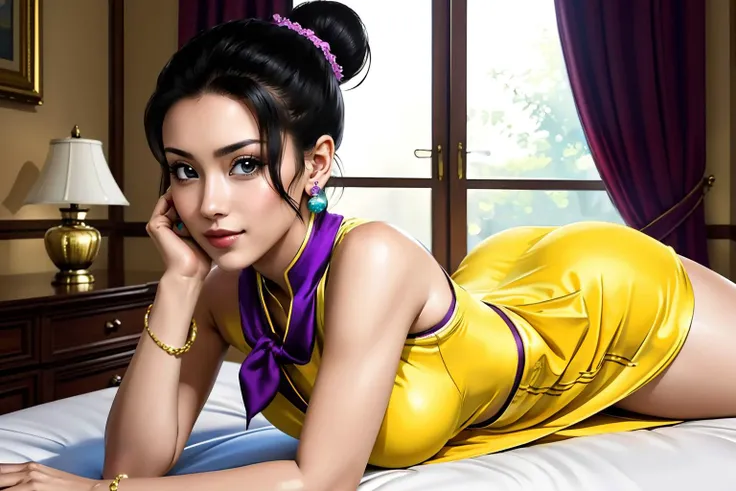 chichi, bun hair, yellow chinese dress, purple neckerchief, earrings,looking at viewer, seductive smile, sexual gaze,
inside,fancy bedroom,laying on bed, sexy pose, hdr, extreme detail, romantic ambiance,
<lora:chichi_dbzV2:.7>