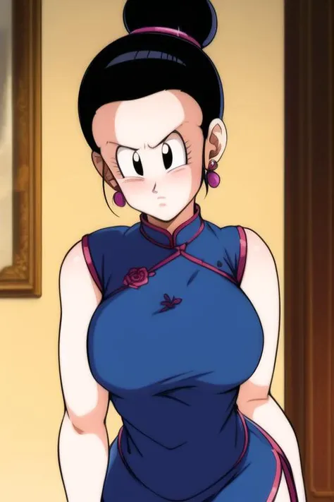 highly detailed,masterpiece,ultra-detailed,illustration,best quality,chichi_dbz,earrings,pendant,finely detail,beautiful detailed glow,bracelet,collar,black hair,1girl,cheongsam,Shiny skin ,ultra-detailed,Shiny clothes,an extremely delicate and beautiful,best shadow,masterpiece,solo,mature female,an extremely delicate and beautiful girl,world masterpiece theater,looking_at_viewers,Half updo,single hair bun,The Polished single topknot,,hair slicked back,no bangs,Serious,Rose and butterfly prints on Tight cheongsam,semicircle house on the meadow,dynamic pose,forehead,no hair in forehead,cowboy shot,<lora:Chichi_DBZ:0.5>