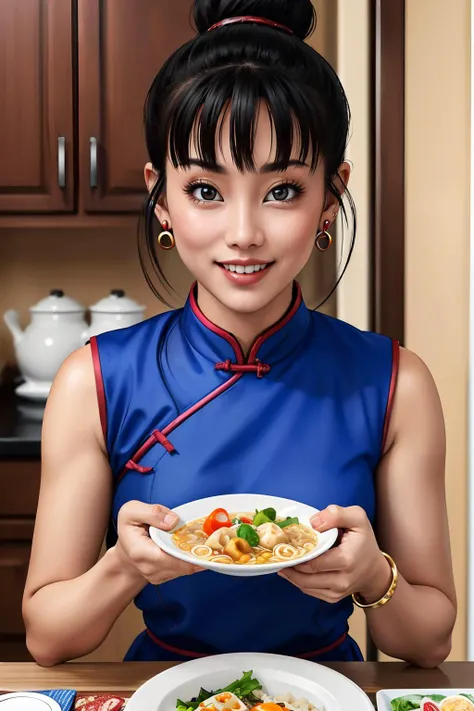 chichi, bun hair,blue chinese dress, earrings,looking at viewer, happy, smiling, teeth,
inside, cabin kitchen, holding a plate of food, ramen noodles, rice, meat, dumplings, hdr, extreme detail,
<lora:chichi_dbzV2:.7>