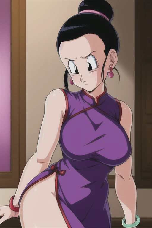 highly detailed,masterpiece,ultra-detailed,illustration,best quality,chichi_dbz,earrings,pendant,finely detail,beautiful detailed glow,bracelet,collar,black hair,1girl,cheongsam,Shiny skin ,ultra-detailed,Shiny clothes,an extremely delicate and beautiful,best shadow,masterpiece,solo,mature female,an extremely delicate and beautiful girl,world masterpiece theater,looking_at_viewers,Half updo,single hair bun,The Polished single topknot,,hair slicked back,no bangs,Serious,Rose and butterfly prints on Tight cheongsam,semicircle house on the meadow,dynamic pose,forehead,no hair in forehead,cowboy shot,<lora:Chichi_DBZ:0.5>