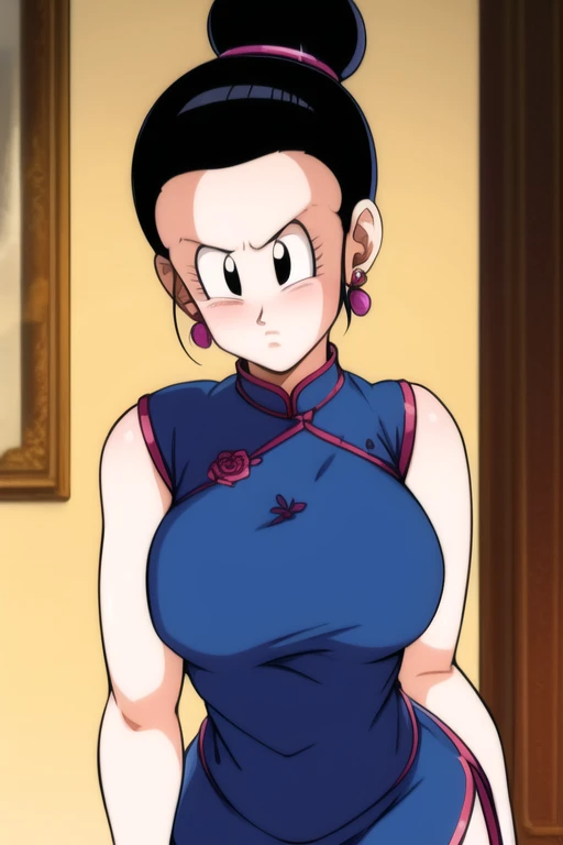 highly detailed,masterpiece,ultra-detailed,illustration,best quality,chichi_dbz,earrings,pendant,finely detail,beautiful detailed glow,bracelet,collar,black hair,1girl,cheongsam,Shiny skin ,ultra-detailed,Shiny clothes,an extremely delicate and beautiful,best shadow,masterpiece,solo,mature female,an extremely delicate and beautiful girl,world masterpiece theater,looking_at_viewers,Half updo,single hair bun,The Polished single topknot,,hair slicked back,no bangs,Serious,Rose and butterfly prints on Tight cheongsam,semicircle house on the meadow,dynamic pose,forehead,no hair in forehead,cowboy shot,<lora:Chichi_DBZ:0.5>