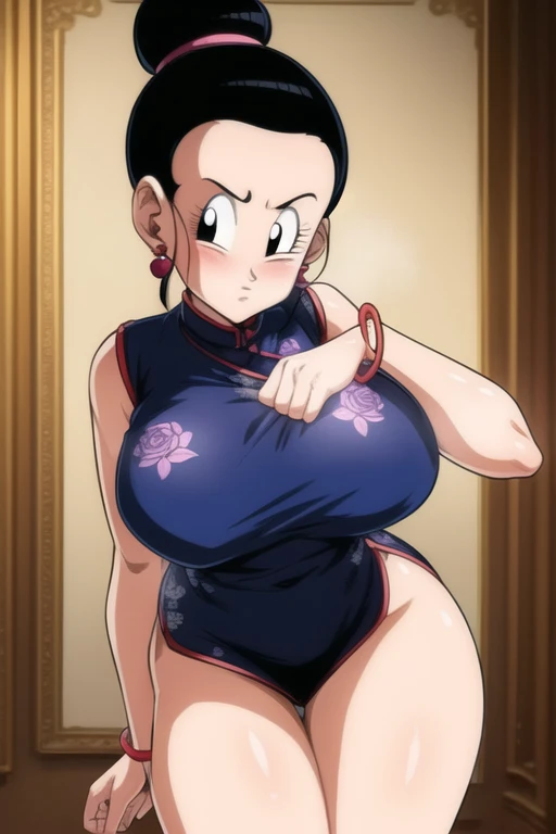 highly detailed,masterpiece,ultra-detailed,illustration,best quality,chichi_dbz,earrings,pendant,finely detail,beautiful detailed glow,bracelet,collar,black hair,1girl,cheongsam,Shiny skin ,ultra-detailed,Shiny clothes,an extremely delicate and beautiful,best shadow,masterpiece,solo,mature female,an extremely delicate and beautiful girl,world masterpiece theater,looking_at_viewers,Half updo,single hair bun,The Polished single topknot,,hair slicked back,no bangs,Serious,Rose and butterfly prints on Tight cheongsam,semicircle house on the meadow,dynamic pose,forehead,no hair in forehead,cowboy shot,<lora:Chichi_DBZ:0.5>