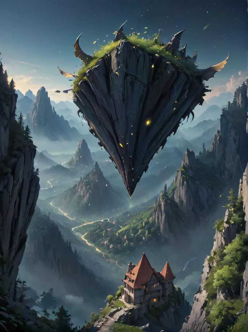 otclillsn, a strange and impossible to solve fast moving gravitation tilted 454.78 degree upside down, baffling optical illusion, disorienting angle, a mountain covered in trees dragon rocky body and a chiseled rocky wings uncanny, (covering the village with rocky wings:1.1), resting on a mountain top, overlooking a fantasy village, nighttime, epic, fireflies, deep shadows <lora:- SDXL - otclillsn_impossible_geo_V1.0:.8>