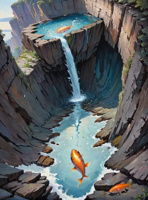 painting of a strange and impossible to solve tiny fish glued to a huge rocky waterfall tilted 454,78 degree upside down, baffling optical illusion, disorienting angle, surreal <lora:- SDXL - otclillsn_impossible_geo_V1.0:.9>