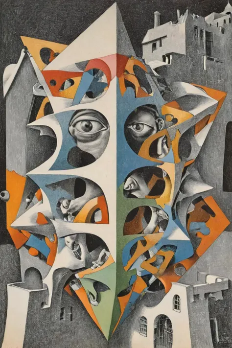 <lora:- SDXL - otclillsn_impossible_geo_V1.0:1>,otclillsn,<lora:Escher_SDXL:1>, ART BY ESCHER,
A side view of a figure's head,in an abstract geometric formalist style. In the painting,the face is broken down into a series of block structures of different shapes and colors,including triangles,circles and other irregular shapes. These fragmented forms together form a three-dimensional sense,suggesting the basic features of the character,such as eyes,nose and lips,In addition to the geometric form,the artist also applied a rough texture to the surface,similar to stone walls or worn paint marks,adding to the historical heaviness and vicissitudes of the work. The choice of colors is very bold,mixing many bright warm and cool tones,forming a strong contrast and harmony with each other,leaving a deep impression on the viewer,Postmodernism,Deconstruction and reorganization,Abstract,surrealistic,